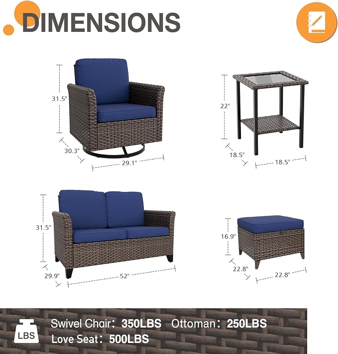 COOS BAY Harbor Retreat 6 Piece Outdoor Furniture Set, Patio Conversation Set with Swivel Rocking Chairs, 2 Seat Loveseat, Side Table and Ottomans, Wicker Furniture, Brown/Blue
