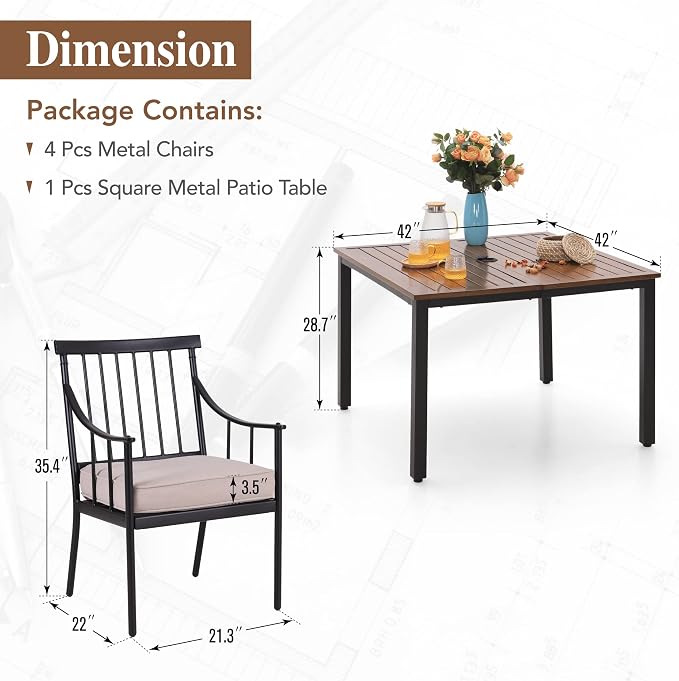 Sophia and William Patio Dining Set, 5 PCS | E-Coated and Steel, Square Table, Straight Legs Chairs, Umbrella Hole, Weather-Resistant
