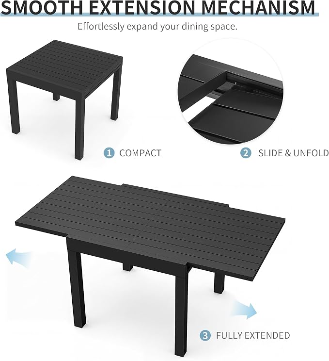 Expandable Patio Dining Table for 4-6 Person, Aluminum Extendable Outdoor Table, 32"-65" Adjustable Patio Table, Square/Rectangular Outdoor Accent Table for Garden, Backyard, Poolside, Black
