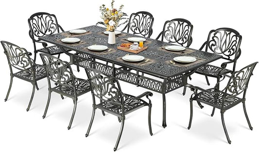 MEETWARM 9-Piece Outdoor Patio Dining Set for 8, All Weather Cast Aluminum Patio Funiture Set- 94.5” Rectangular Table with 2" Umbrella Hole and 8 Chairs, Patio Table and Chairs Set, Dark Bronze