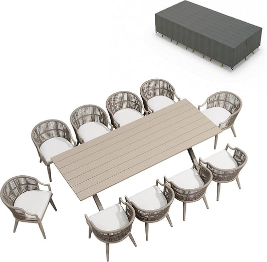 PURPLE LEAF Outdoor Dining Set for 10 with Waterproof Furniture Cover All Weather Patio Dining Set with Rectangular Aluminum Table and Wicker Dining Chairs for Garden Deck Backyard Kitchen, Champagne