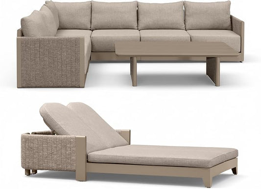 PURPLE LEAF Patio Furniture Set with 2-Person Chaise Lounge 8 Pieces Outdoor Conversation Sets PP Rope Patio Sofa with Cushions Manual Weaving Deep Seating Furniture for Porch Lawn Backyard Beige