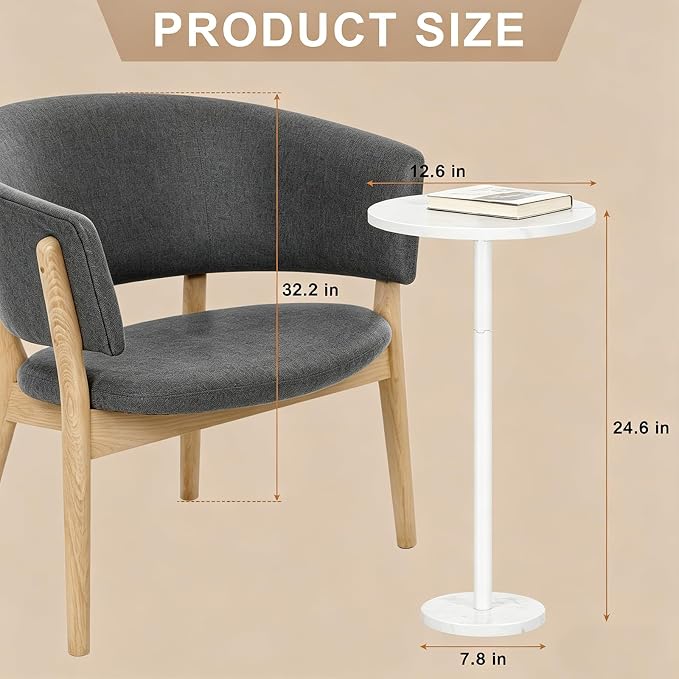 Small Drink Table Round White Side Table with Weighted Marble Base, Indoor Outdoor Pedestal Side Table for Small Spaces, Living Room, Bedroom, Sofa Couch, Office