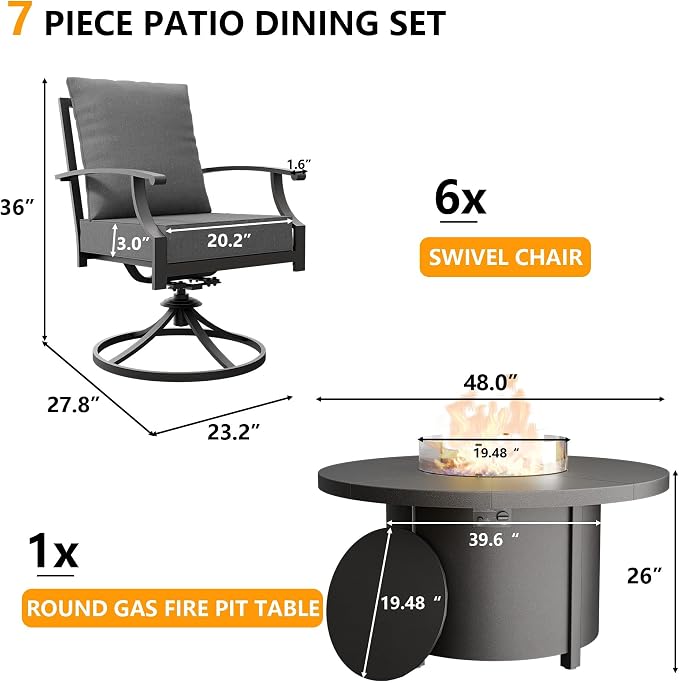 7 Piece Outdoor Dining Set for 6 with 48" Round Propane Fire Pit, Metal Outdoor Table and Chairs with 6 Swivel Chairs and 55000 BTU Outdoor Fire Pit, Patio Furniture Set for Patio, Deck, Grey