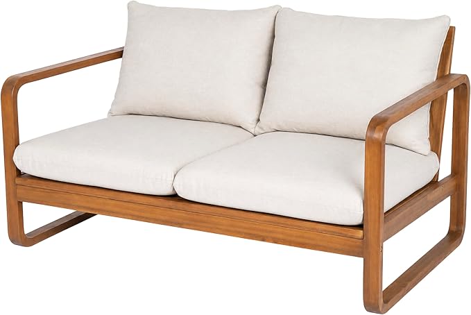 Christopher Knight Home Myra Acacia Wood 4 Piece Outdoor Patio Furniture Set, Wooden Patio Conversation Set with Loveseat Club Chairs & Coffee Table, 4-Seater Patio Sofa Chair and Table Set,Teak+Beige
