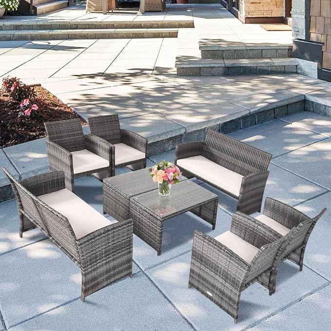 Outdoor Conversation Set, 8 Pieces Wicker Patio Furniture Set with Ergonomic Curved Design, Patio Chair Set with Water-Resistant Cushion & Tempered Glass Table for Backyard, Porch(Beige)