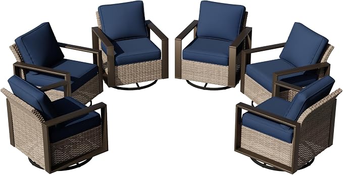Joyside Outdoor Patio Swivel Rocker Chairs Set, 6 Pieces Wicker Rattan Chairs with Metal Wide Armrest, Thick Cushions and Deep Seating for Garden, Backyard, Porch, Deck