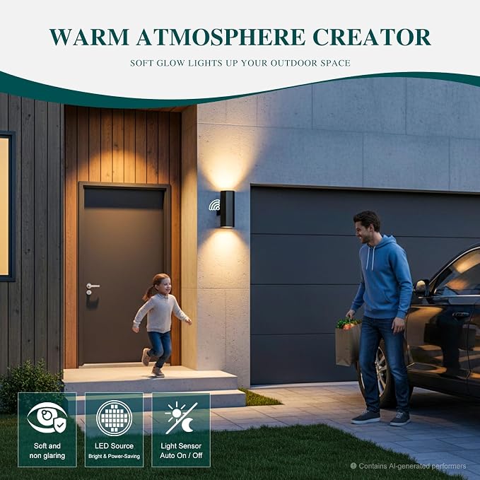 2 Pack Dusk to Dawn LED Outdoor Wall Lights, 3000K Warm White porch light | ETL Certified Matte Black Aluminum Wall Sconce, IP65 Waterproof Exterior Light Fixture for Front Porch, Garage, Patio, House