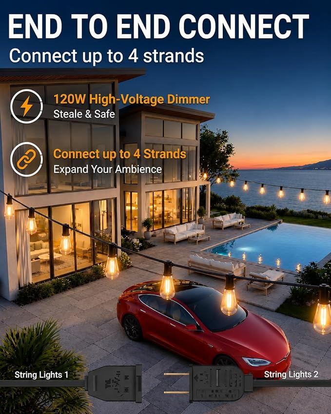 Outdoor String Lights 52FT, 32+2 Shatterproof Bulbs ST38, 1.5FT Spacing, IP65 Waterproof | Dimmable with Remote, Heavy-Duty, Include Screw & Zip Ties for Patio Backyard Holiday Outside