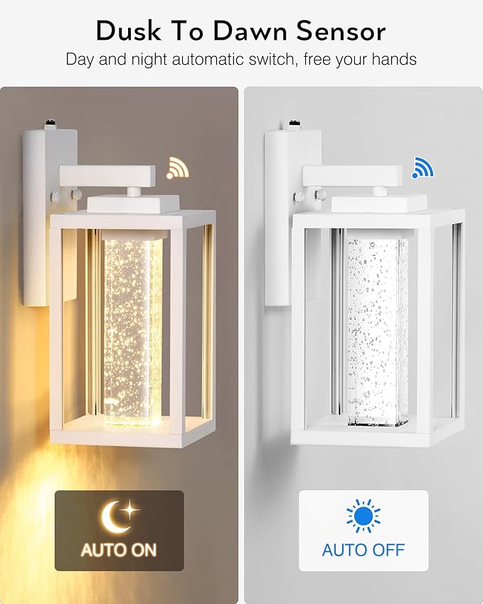 VIANIS White Outdoor Garage Lights Wall Mount, 2 Pack Dusk to Dawn Outdoor Coach Lights for House with Integrated 10W LED Light Source Crystal Bubble Glass, Modern Exterior Porch Light Wall Sconce