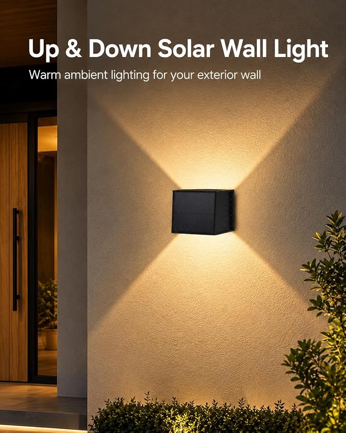 Solar Wall Lights Outdoor, Warm White, 6 Pack | IP65 Waterproof Up and Down Wall Lighting, Solar Outdoor Light Decorative for Porch, Garage, Doorway, Patio, Fence