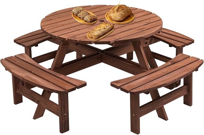 HRVEOCEI 8-Person Round Picnic Table with 4 Built-in Benches & Umbrella Hole, Wooden Picnic Tables for Outdoors, Patio, Backyard, Garden, 70"X70"X27", 2220lb Capacity (Round, Brown, 8-Person)