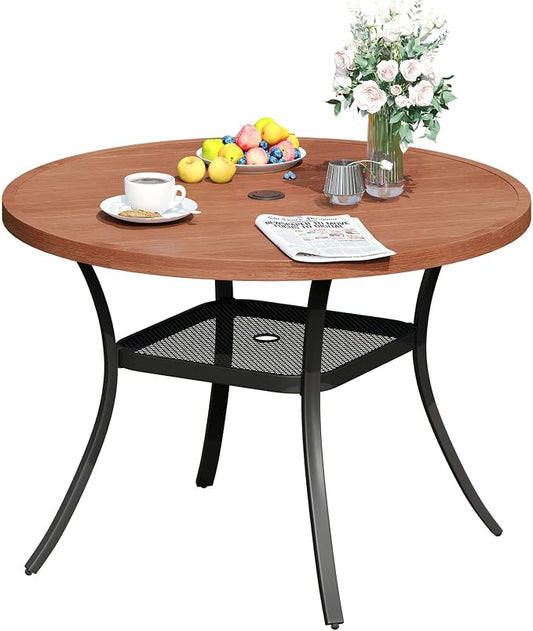DIFY Patio Round Dining Table, 42" All Weather Round Outdoor Table with 1.57" Umbrella Hole for 4 Person, Perfect for Balcony Garden and Backyard, Walnut