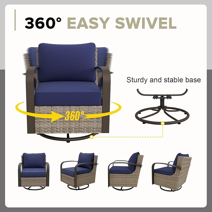 COOS BAY Aurora Terrace 6 Piece Outdoor Sectional Furniture Set, Half Moon Rattan Wicker Conversation Set with Swivel Chairs, 4 Seat Sofa & Coffee Table for Patio Garden Yard, Beige/Blue