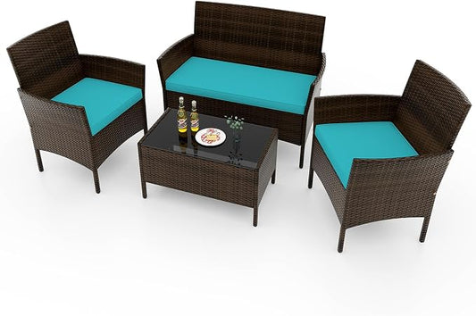 RELAX4LIFE 4-Piece Patio Furniture Set - Rattan Outdoor Conversation Bistro Set w/Cushions, Glass Coffee Table, Wicker Chairs & Loveseat for Garden Backyard Porch, Balcony Furniture Set (1, Turquoise)