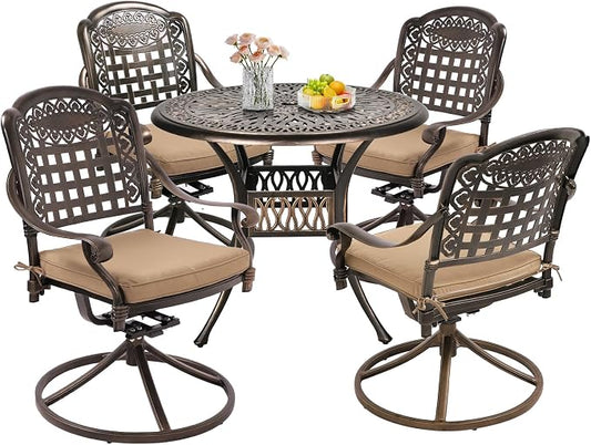 Grepatio 5 Piece Outdoor Dining Set Cast Aluminum Patio Table and Chairs Outside Furniture 4 Mesh Swivel Chairs with Khaki Cushion and 1 Umbrella Hole Round Dining Table for Lawn Garden (Grid Khaki)