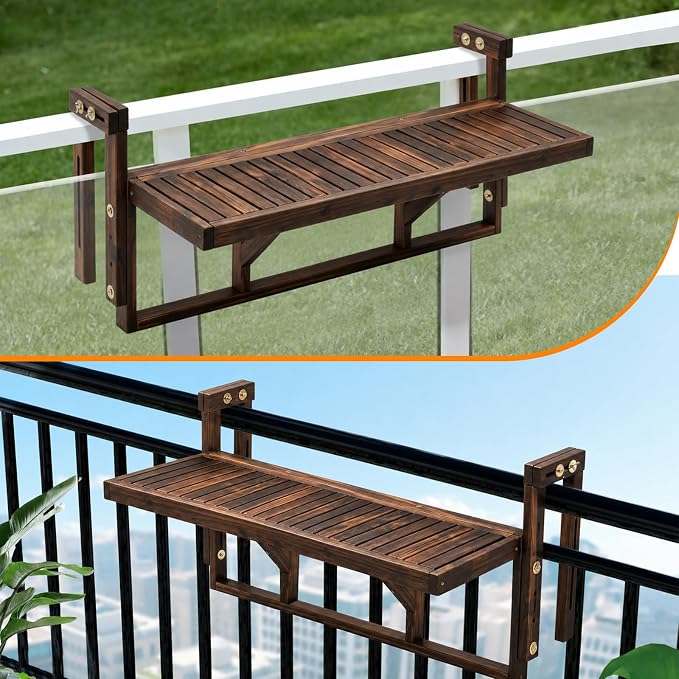VINGLI 48in Acacia Wood Folding Balcony Hanging Table – Adjustable Height & Width, Balcony Railing Table Ideal for Different Railing Widths, Perfect for Balcony, Patio, Rectangular,Carbonized Color