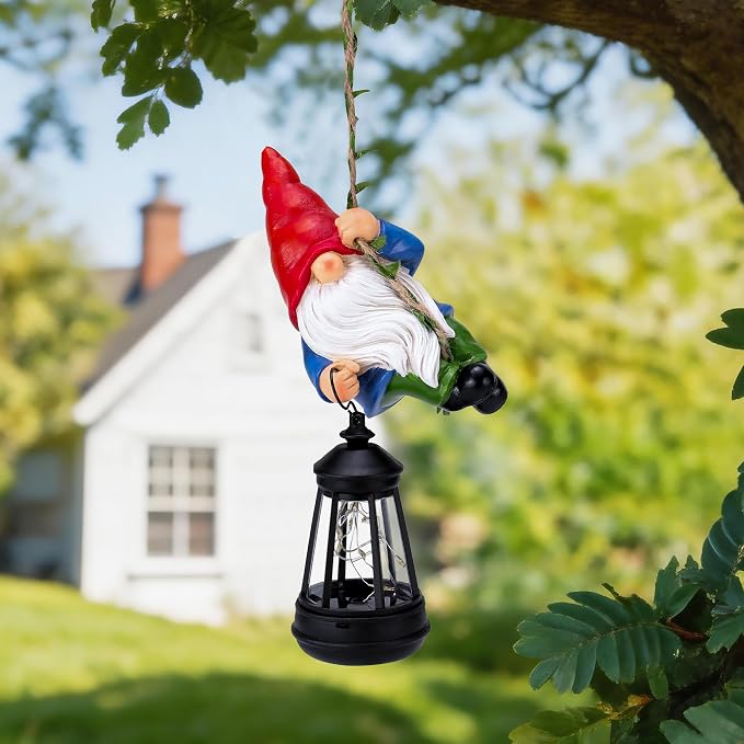 Solar Hanging Gnome Garden Statues Funny Climbing Gnome with LED Lantern | Outdoor Swinging Decor Tree Hugger Yard Porch Wall Fence Decoration Birthday Garden Gifts for Mom Women, Red Hat