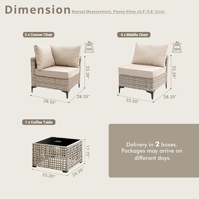 7 Pieces Patio Sectional Furniture Set, Outdoor Wicker Sectional Couch with Solar Lights Table, Modern Conversation Set for Porch Balcony Backyard, Beige