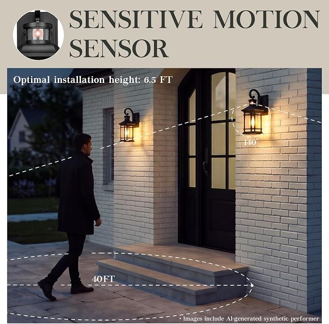 Emliviar Motion Sensor Outdoor Wall Lamp, Exterior Wall Sconce Light Fixture with Seeded Glass, Black Outside Porch Lights for Garage, Patio, 2084B-SE BK