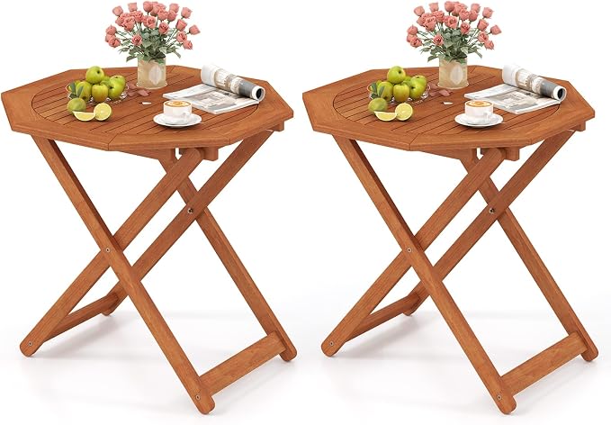 HAPPYGRILL Outdoor Patio Wood Dining Table for 4, Octagon Folding Bistro Table with 2" Umbrella Hole for Garden, Porch and Backyard, No Assembly Required (2)
