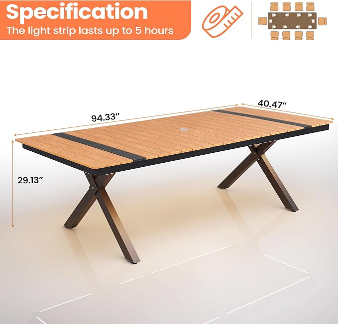 Pellebant 94" Outdoor Dining Table with LED Lights, 8-10 Person Aluminum Patio Table with Umbrella Hole, Sturdy Frame & 8ft Wood Grain Tabletop for Deck, Porch, Backyard