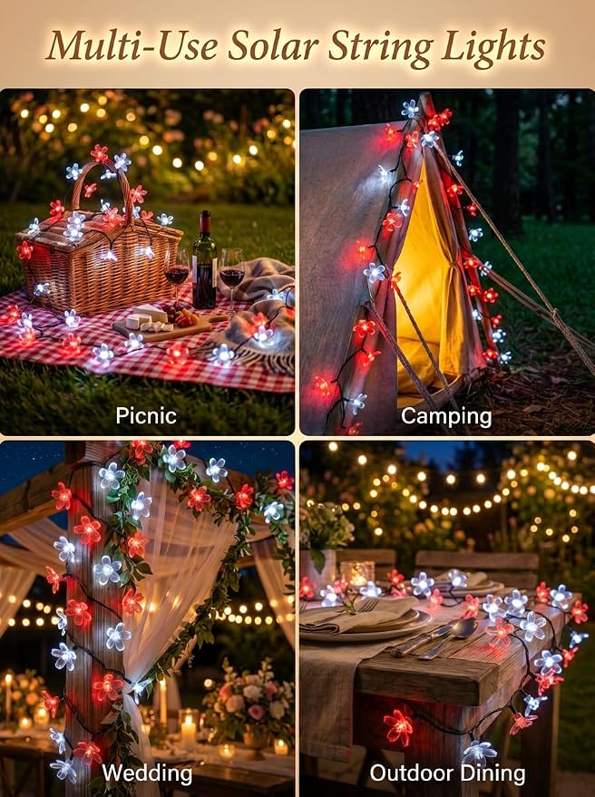 ITICdecor Solar Flower String Lights Outdoor Waterproof 50 LED Solar Powered Fairy Lights for Garden, Fence, Patio, Yard, Christmas Tree & Party Decor(Red&White)