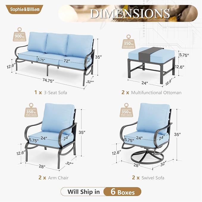Sophia & William Patio Furniture Sets for 7 Outdoor Conversation Set 7 Pcs with 2 x Swivel Sofa Chairs, 2 x Armrest Chairs, 1 x 3-Seat Sofa, 2 x Ottomans for Coffee Garden Backyard Poolside Blue