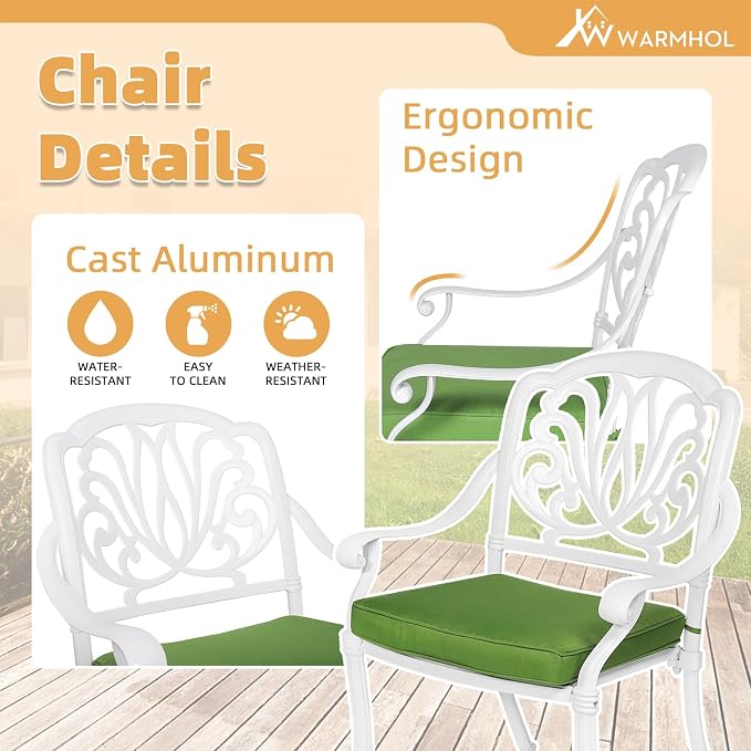 5-Piece Outdoor Patio Dining Set, All-Weather Cast Aluminum Patio Furniture Set for Backyard Garden Deck with 4 Chairs, 4 Cushions and 35.4” Round Table, 2.2" Umbrella Hole, White