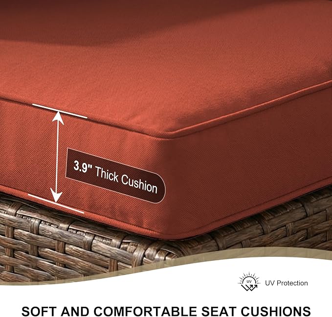 5 Pieces Patio Furniture Set with Glass Table, Outdoor PE Rattan Sectional Sofa with Soft Cushions for Backyard, Porch, and Poolside (Red, 5 PCS w/Table)