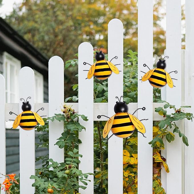 MorTime 4 Pack Metal Bee Wall Art Sculptures Garden Decorations, Hanging Bee Wall Decor Indoor Outdoor Garden Yard Lawn Decor