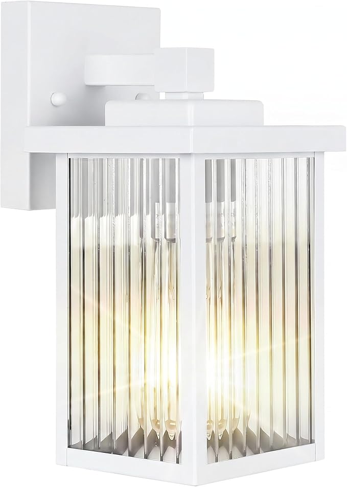 White Porch Light, Waterproof Outdoor Wall Light | Corrosion-Resistant Metal, Textured Glass Cuts Glare, Easy DIY Install on Porch, Garage
