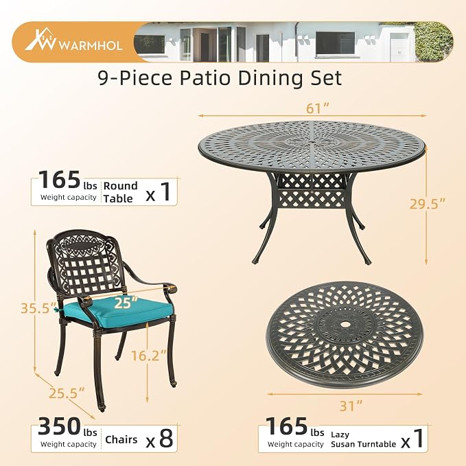 9-Piece Patio Furniture Dining Set, All Weather Cast Aluminum Outdoor Conversation Set- 61" Round Patio Dining Table with Detachable Lazy Susan & 8 Chairs, 2" Umbrella Hole, Ocean Blue