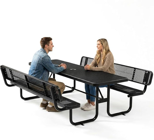 Commercial Heavy-Duty Metal Picnic Table (Black, 8' Rectangular with Back)