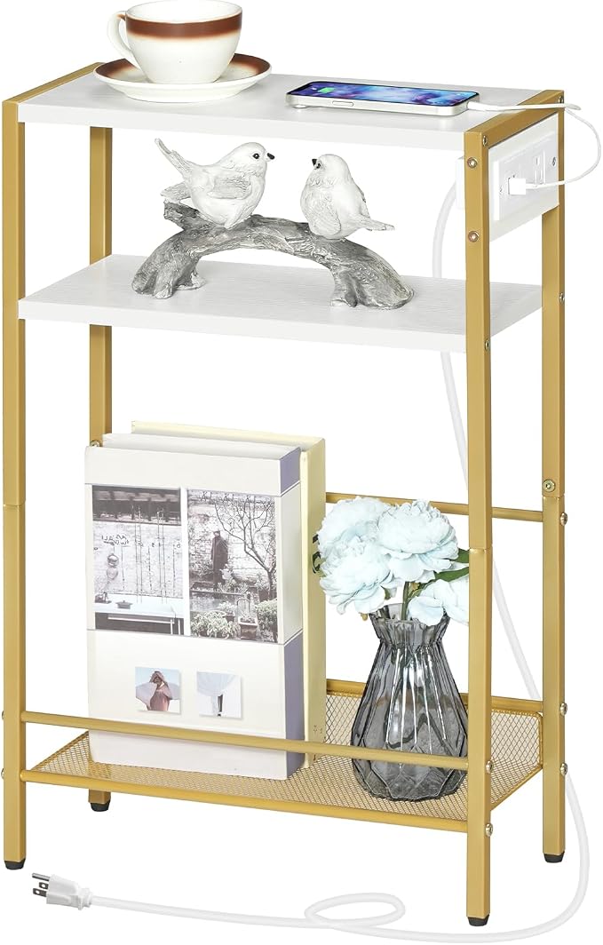 HOOBRO Small Narrow Side Table with Charging Station, Skinny End Table for Small Spaces, Slim Nightstand with USB Ports Outlet, Sofa Beside Table with Storage Shelf, White and Gold DW102UBZ01
