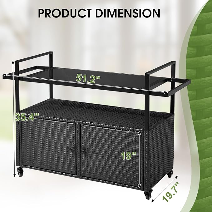 Outvita Patio Bar Table, Weatherproof Buffet Cabinet Wicker Outdoor Storage Cart with 2 Doors & Shelves Glass Tabletop for Tableware Wine Bottle and Glass, Towels, and Potting Supplies