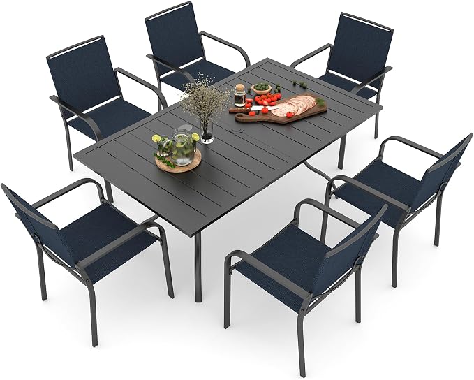 Navy Blue Stackable Patio Chairs and Rectangle Table Outoor Dining Set of 7 | 6 Psc Stackable Chairs, Textilene Seat&Back, Metal Table, Slat Table Top, 6 Person Use, 1.57"-1.9" Umbrella Hole, All Weather