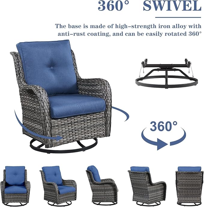Belord Wicker Patio Furniture Sets - 8 Piece Rattan Outdoor Furniture Conversation Sets with 4 Swivel Rocker Chairs, Rattan Sofa, Wicker Ottomans and Coffee Table, Mixed Grey/Blue