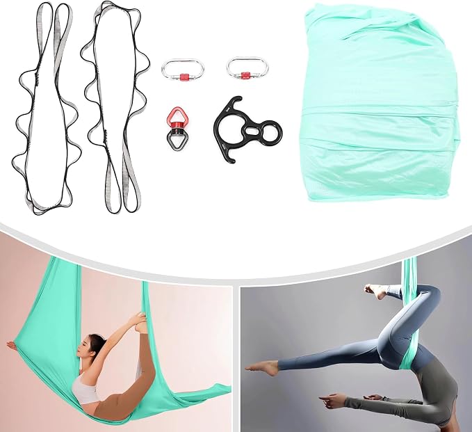 Aerial Yoga Hammock, Green, Polyester, 19.68x8.53 ft, Ceiling-Mounted, 440 lbs Capacity, with Carabiners and Extension Straps, for Yoga, Dance, Acrobatics