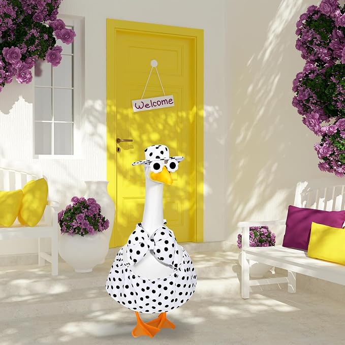 JcHrmers Summer Hawaiian Goose Outfit Porch Goose Bikini Outfits with Hat & Sunglasses Fits 23 Inch Geese Statues for Creative Lawn Yard Garden Beach Pool Party Decor(White Polka Dots)