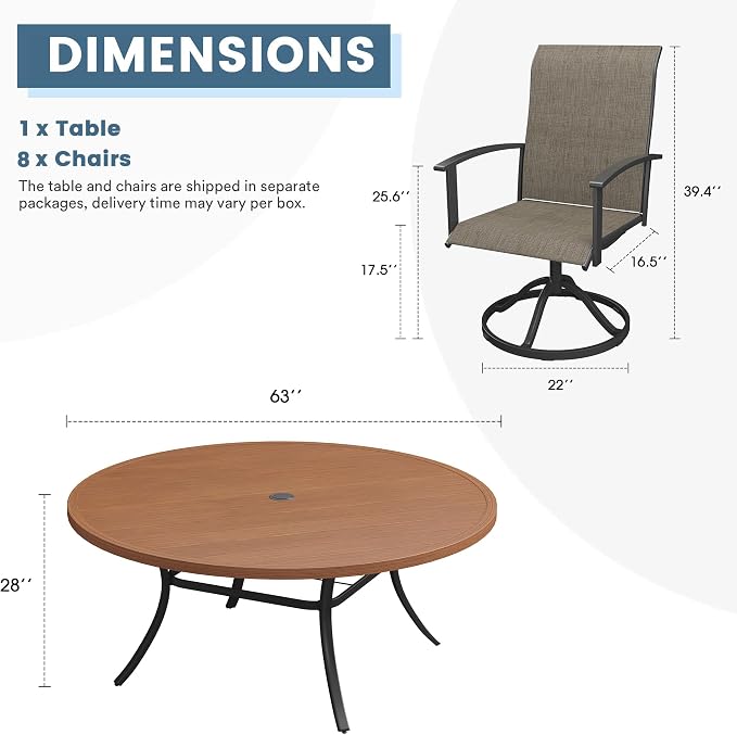 DIFY 9 Pieces Outdoor Dining Set for 8, 63" Walnut Round Metal Table with Umbrella Hole and Brown Textilene Swivel Patio Chairs, Patio Table and Chairs Set for Garden, Backyard, Poolside