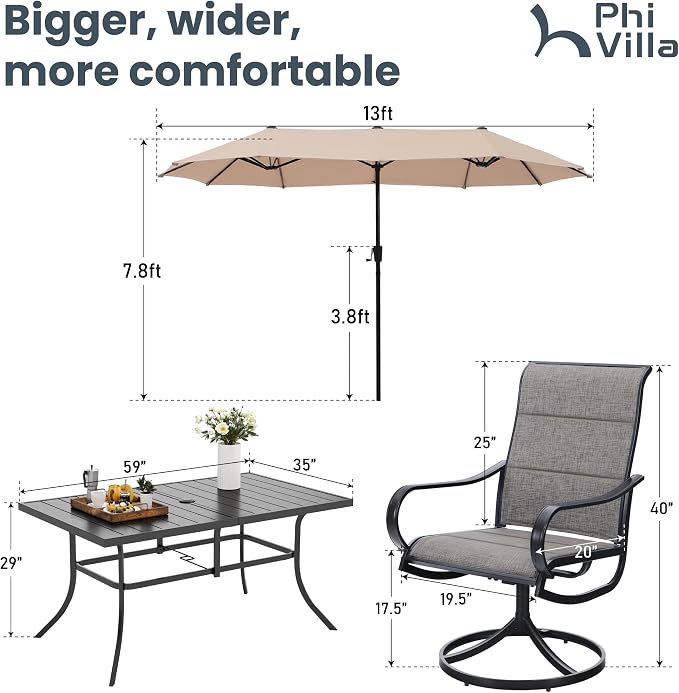 PHI VILLA 8 Piece Outdoor Dining Set with 13ft Patio Umbrella (Beige), 6 Patio Padded Swivel Dining Chairs & 1 Large Metal Dining Table for Lawn Garden Backyard (No Umbrella Base)