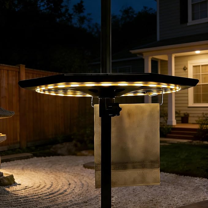 Patio Umbrella Table Tray with LED Light, 23” Outdoor Adjustable Portable Umbrella Table with Hole, All Weather PE Umbrella Tray for Beach, Poolside, Backyard, Garden, Classic Black