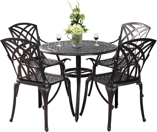 5 Pieces Outdoor Patio Dining Set, 36" Metal Outdoor Dining Set with 1.97" Umbrella Hole, Anti Rust Patio Furniture Set with 4 Chairs and Round Table for Garden, Porch and Poolside, Bronze