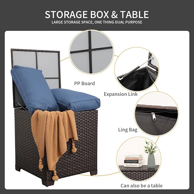 WAROOM Patio Furniture Set 4 Piece Conversation Sets Brown Rattan Outdoor Couch Loveseat Wicker Sectional Sofa with Storage Box Glass Top Table, Navy Blue Cushion