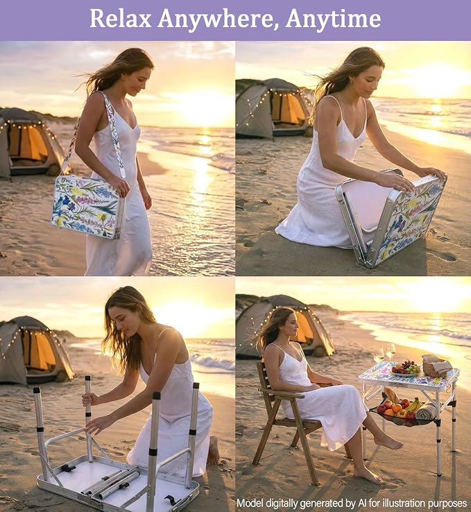 Folding Camping Table 2ft Portable Picnic Table Adjustable Height, Small Lightweight Aluminum Foldable Card Table,Hands-Free Carry for Outdoor Camp BBQ Beach (Blooming Floral with Shoulder Strap)
