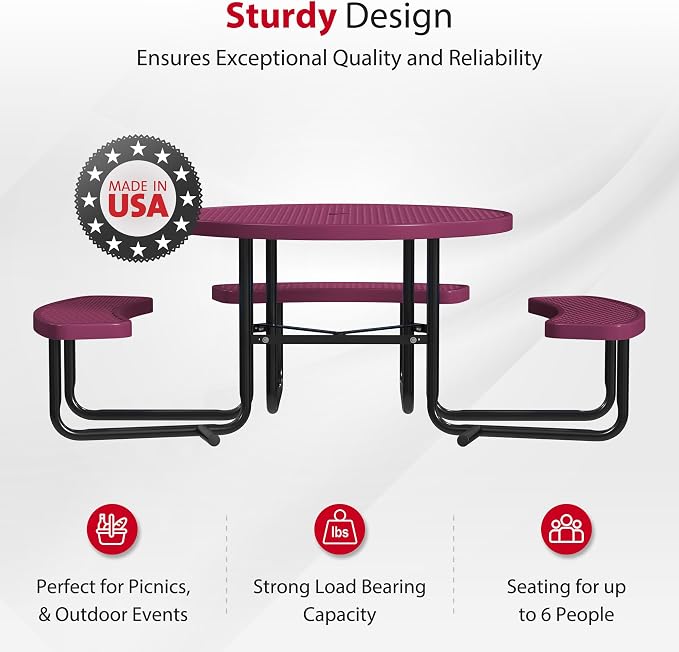 Leisure Craft Metal Picnic Table with Bench - 46" Round Outdoor Dining Table with Umbrella Hole, Heavy Duty Thermoplastic Coating, ADA Compliant, Commercial Grade Furniture Made in USA - Burgundy