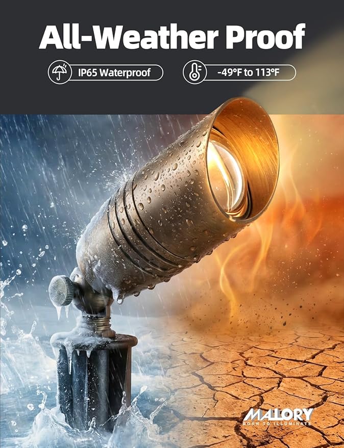 MALORY Brass Landscape Spotlights 12-Pack with Bulb Kit(S02), Low Voltage 12V AC/DC LED Outdoor Spot Uplights for House and Tree,PVC Ground Stake and Wire Connector Included, 5W 2700K Warm White