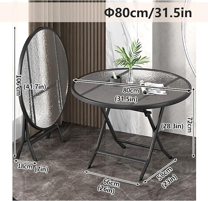 Folding Glass Outdoor Side Table, Patio Coffee Table, Weather Resistant Outdoor Round End Table, Portable Indoor Outdoor Glass Table, Modern Round Folding Dining Table, Space Saving Dining Table