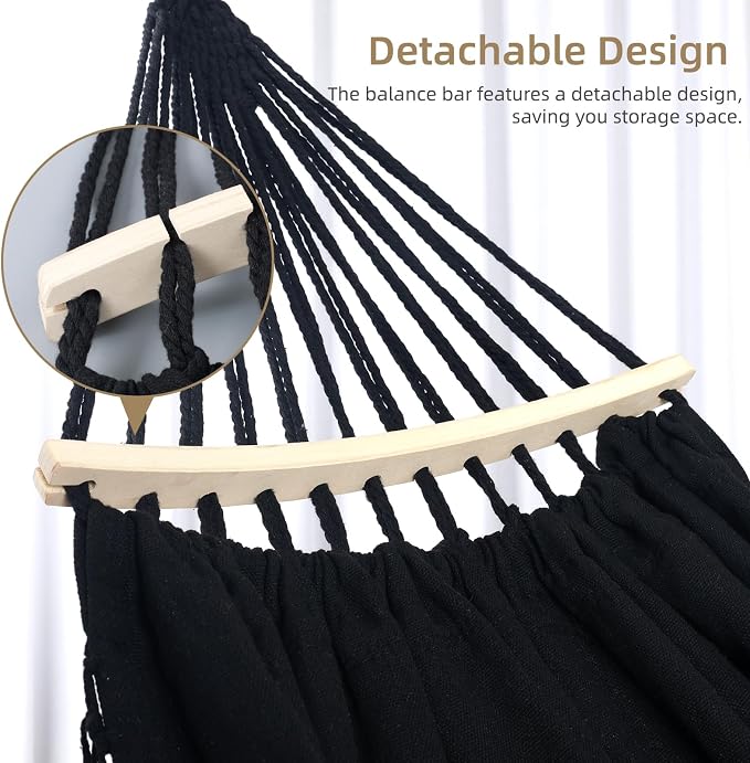Portable Double Hammock, Hanging Hammock with Tassels and Fishtail Knitting, 550LB Capacity, 320GSM Hanging Bed with Set Full Accessories for Outdoor Camping Patio Balcony Black